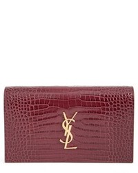Saint Laurent Kate Croc Embossed Calfskin Leather Clutch Red