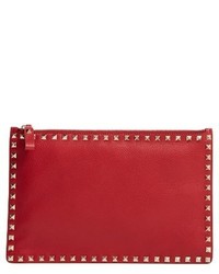 Valentino Large Rockstud Pebbled Leather Pouch Red