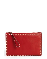 Valentino Rockstud Flat Nappa Leather Clutch Red