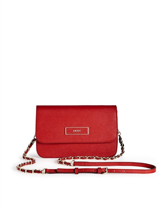 DKNY Red Pebbled Leather Chain Link Cross-Body Bag EUC!
