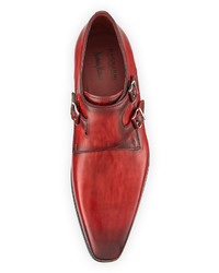 Magnanni For Neiman Marcus Burnished Leather Double Monk Shoe Red