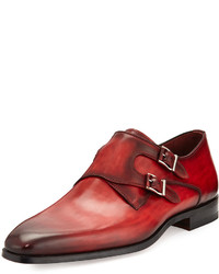 Magnanni For Neiman Marcus Burnished Leather Double Monk Shoe Red