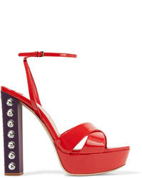 Miu Miu Embellished Patent Leather Platform Sandals Red