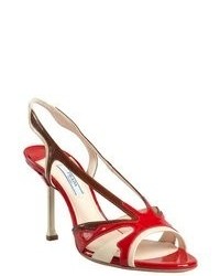 Prada Red And Brown Colorblock Patent Leather Open Toe Sandals