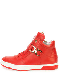 Salvatore Ferragamo Ferragamo Nayon High Top Sneaker With Side Gancini Red
