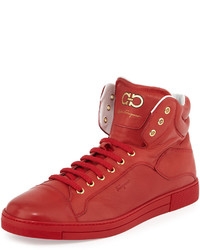 Salvatore Ferragamo Lambskin High Top Sneaker Red