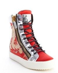 Giuseppe Zanotti Red Dragon Embroidered Satin And Silver Leather High Top Sneakers