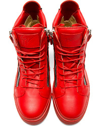 Giuseppe Zanotti Red Leather Metal Accent High Top Sneakers