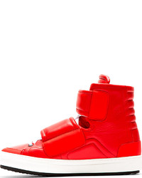 Pierre Hardy Red Leather Velcroed High Top Sneakers