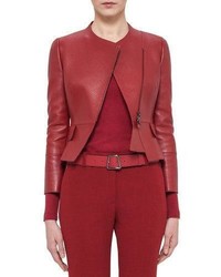 Akris Asymmetric Cropped Leather Jacket Miracle Berry