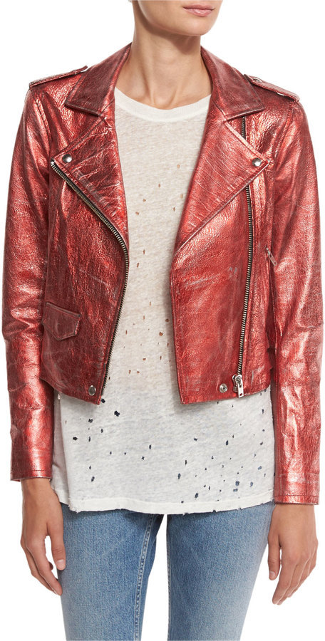 deformation fælde Portræt IRO Axelle Cropped Metallic Leather Jacket Red, $1,195 | Neiman Marcus |  Lookastic
