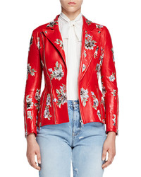 Alexander McQueen Floral Embroidered Leather Jacket Red