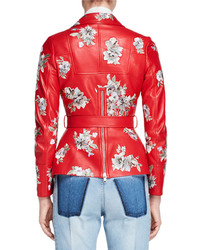 Alexander McQueen Floral Embroidered Leather Jacket Red