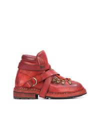 Red Leather Lace-up Flat Boots