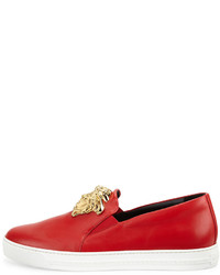 Versace Leather Slip On Sneaker With Gold Medusa Head Red