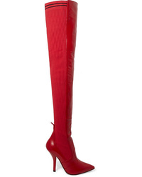 Fendi Rockoko Leather And Ribbed Stretch Knit Thigh Boots