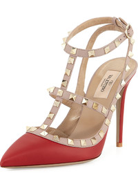 Valentino Rockstud Leather Caged Pump Red