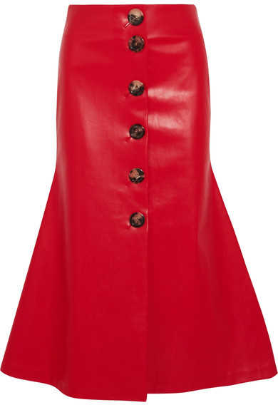 dark red leather midi skirt