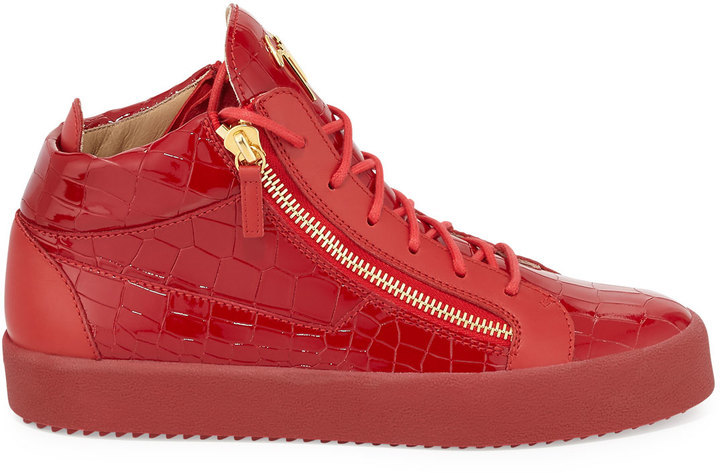 Mens Crocodile-Embossed Leather Mid-Top Sneaker, Red