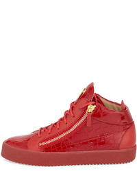 Giuseppe Zanotti Crocodile Embossed Leather Mid Top Sneaker Red