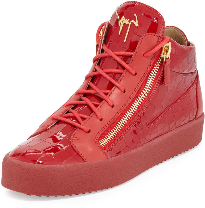 løst beslag afskaffe Giuseppe Zanotti Crocodile Embossed Leather Mid Top Sneaker Red, $795 |  Neiman Marcus | Lookastic