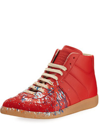 Maison Margiela Replica Paint Splatter Leather Mid Top Sneakers Red