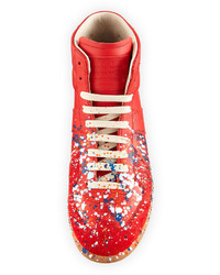 Maison Margiela Replica Paint Splatter Leather Mid Top Sneakers Red