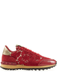 Valentino Rockrunner Leather And Lace Sneakers