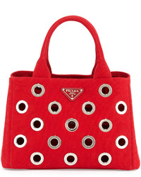 Prada Canapa Grommet Small Garden Tote Bag Red