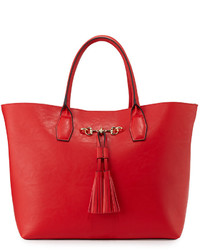 Neiman Marcus Poppy Tassel Faux Leather Tote Bag Red