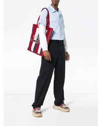 Gucci Red And Blue Logo Stripe Linen And Leather Tote