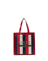 Gucci Red And Blue Logo Stripe Linen And Leather Tote