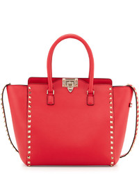 Valentino Rockstud Leather Shopper Tote Bag Bright Red