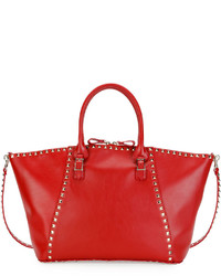 Valentino Rockstud Medium Top Zip Leather Tote Bag Red