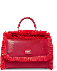 Dolce & Gabbana Sicily Medium Raffia Trimmed Lizard Effect Leather Tote Red
