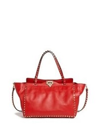 Valentino Rockstud Medium Double Handle Leather Tote Red