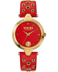 Versus By Versace 34mm V Versus Eyelet Watch W Leather Strap Red