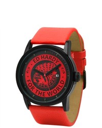 Ed Hardy Pk Pk Red Leather Quartz Watch With Red Dial