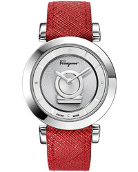 Salvatore Ferragamo Ferragamo Swiss Minuetto Diamond Accent Red Saffiano Leather Strap Watch 37mm Fq4020013