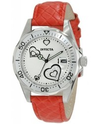 Invicta 12402 Pro Diver Silver Heart Dial Red Leather Watch