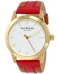 Isaac Mizrahi Imn18r Red Gold Tone Polished Case Red Luggage Leather Strap Watch