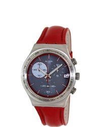 Swatch Irony Ycs558 Red Leather Swiss Quartz Watch With Grey Dial
