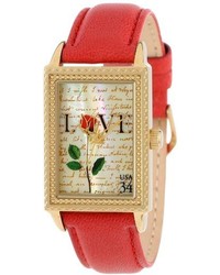 The Ps Collection By Arjang And Co Ps 3006g Rd Love Letters Gold Colored Stainless Steel Mother Of Pearl Dial Red Leather Strap Watch