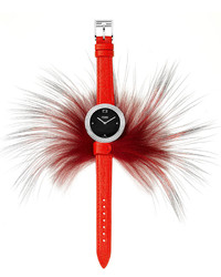 Fendi Timepieces Swiss My Way Genuine Fox Fur Red Leather Strap Watch 36mm F350031073