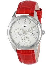Timex T2p069kw Ameritus Multi Function White Dial Red Croco Patterned Leather Strap Watch