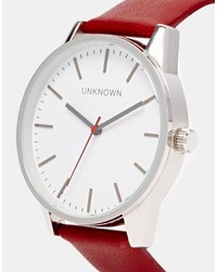 Unknown Burgundy Leather Strap Watch With White Dial