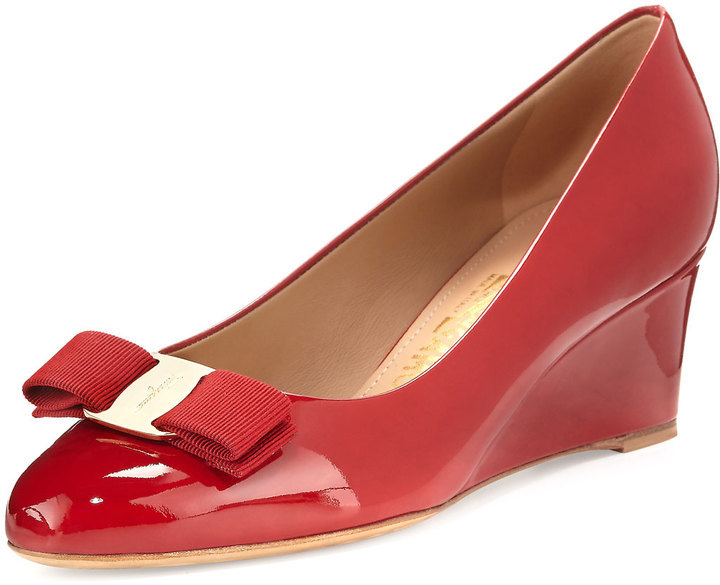 Salvatore Ferragamo Mirabel Patent Bow Demi Wedge Pump Red, $575