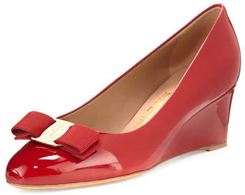 Salvatore Ferragamo Mirabel Patent Bow Demi Wedge Pump Red