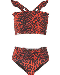 Ganni Shirred Leopard Print Bikini