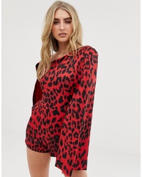 Lavish Alice Red Leopard Print Asymmetric One Shoulder Cape Playsuit